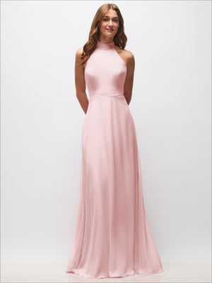 Light pink high-neck halter backless maxi dress with fitted bodice and flowing skirt
