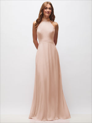 Blush high-neck halter backless maxi dress with fitted bodice and flowing skirt
