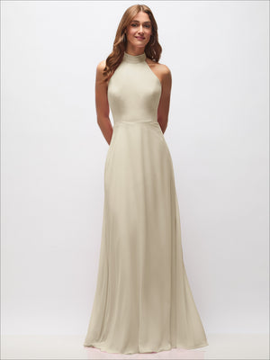 Ivory high-neck halter backless maxi dress with draped waist and flowing skirt