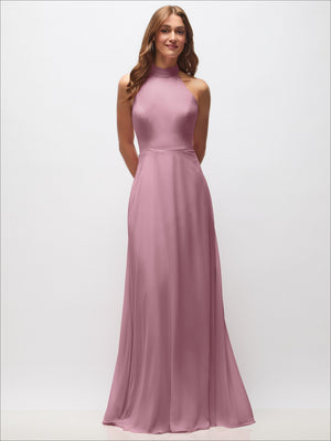 Pastel pink high-neck halter backless maxi dress with fitted bodice and flowing skirt