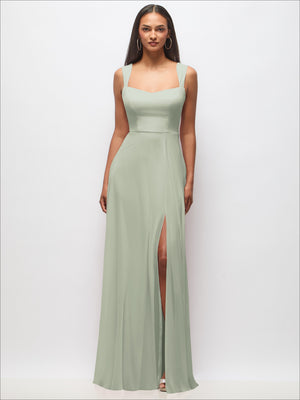 Sweetheart wide-strap maxi dress in sage green, square neckline, fitted waist, high slit