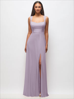 Lavender sweetheart wide-strap maxi dress with front slit, fitted bodice