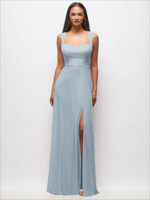 Light blue sweetheart maxi dress with wide straps, floor-length side slit