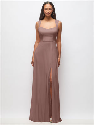 Dusty mauve wide-strap maxi dress with fitted waist seam and side slit