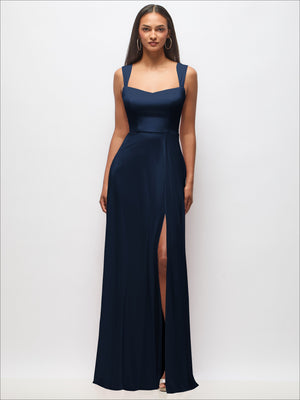 Contoured wide strap sweetheart maxi dress, deep navy, fitted bodice with slit at front hem