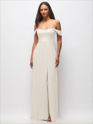 Ivory off-shoulder basque waist maxi dress with flounce sleeves and front slit