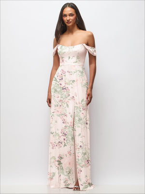 Blush pink floral off-the-shoulder basque maxi dress with flounce sleeves
