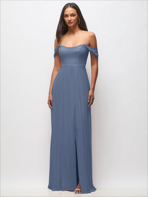 Off-the-shoulder maxi dress in dusty blue with draped flounce sleeves and side slit