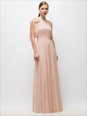 Draped one-shoulder maxi dress with scarf bow, dusty pink sleeveless full front