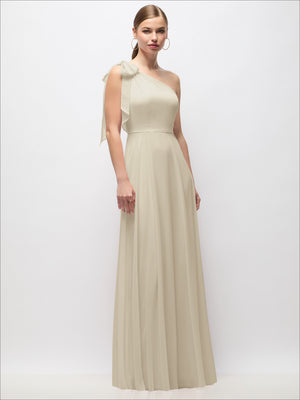 Draped one-shoulder maxi dress in ivory with scarf bow detail