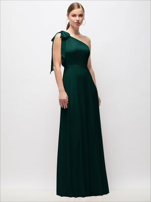 Draped one-shoulder maxi dress in dark green with flowing drape and scarf bow