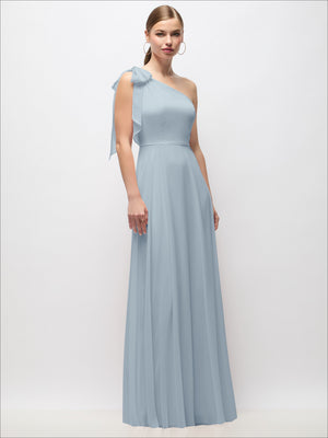 One-shoulder draped maxi dress with scarf bow, light blue front view
