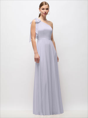 Lavender draped one-shoulder maxi dress with scarf bow detail at the neckline