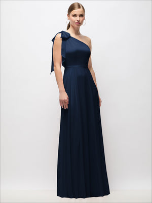 Navy one-shoulder draped maxi dress with scarf bow detail