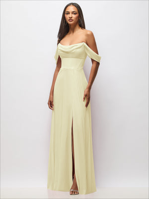 Ivory chiffon corset maxi dress with off-shoulder draped swags and side slit