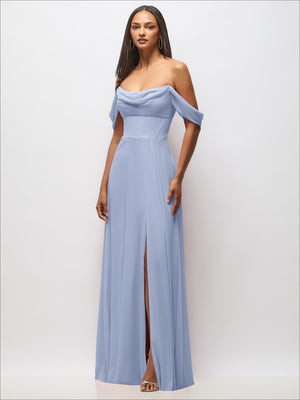 Chiffon corset maxi dress with off-the-shoulder draped neckline, powder blue
