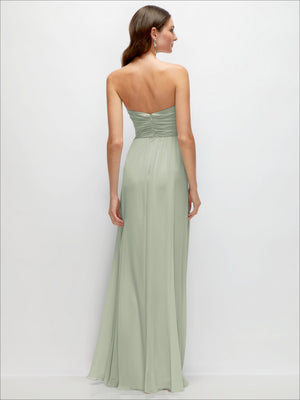 Back view of sage green strapless pleated chiffon maxi dress