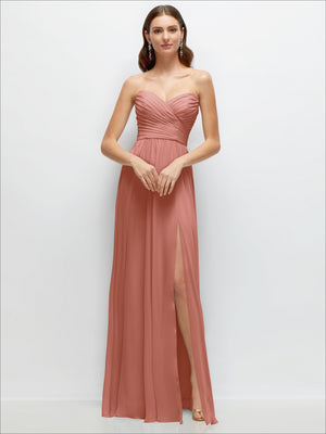 Rose-pink strapless chiffon maxi dress with ruched bust and pleated skirt with slit