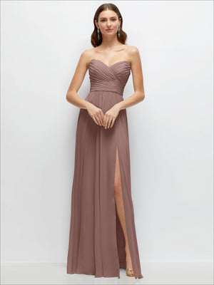 Dusty rose strapless pleated chiffon maxi dress with ruched surplice bodice and slit