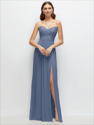 Strapless pleated surplice chiffon maxi dress in dusty blue with A-line skirt and side slit