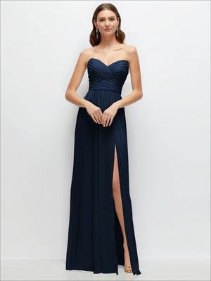 Dark navy strapless chiffon maxi dress with ruched bodice and side slit skirt