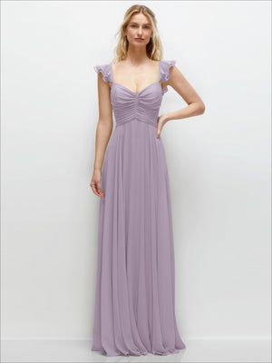 Lavender chiffon maxi dress with sweetheart neckline, ruched bodice, ruffled off-shoulder sleeves