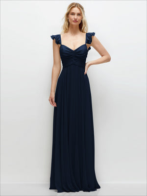 Midnight navy chiffon maxi dress with ruched sweetheart bodice and flutter ruffle sleeves