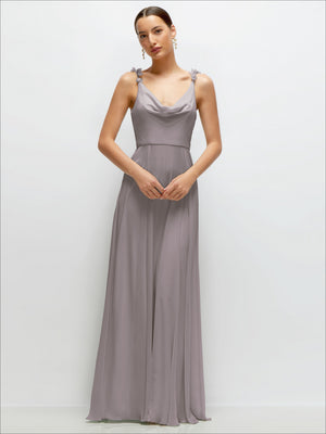 Grayish-lavender cowl-neck chiffon maxi dress with draped neckline and petal straps