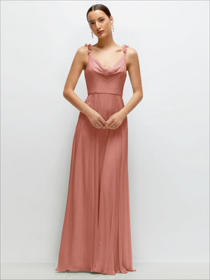 Rose mauve chiffon cowl-neck maxi dress with draped neckline and slim shoulder straps