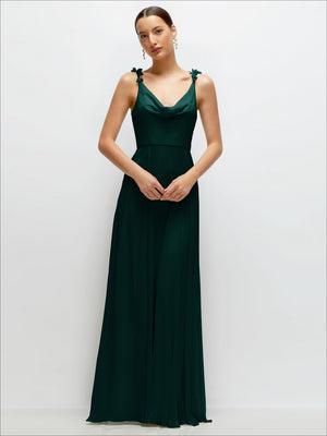 Emerald green cowl-neck chiffon maxi dress with draped cowl neckline and petal straps.