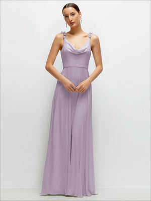 Solid chiffon maxi dress with cowl neckline and spaghetti straps, lavender
