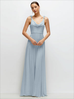 Periwinkle blue chiffon cowl-neck maxi dress with draped cowl and thin shoulder straps