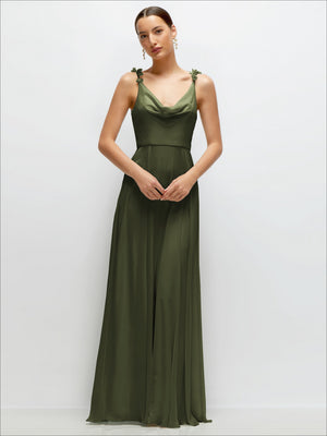 Front view of sage green cowl-neck chiffon maxi dress with petal straps.