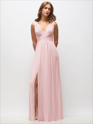 Sleeveless draped chiffon maxi dress with V-neck and front slit, light blush pink