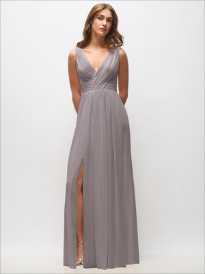 Sleeveless draped chiffon maxi dress in gray with V-neck and front slit