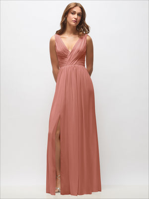 Sleeveless draped chiffon maxi dress with front slit, rose pink, draped V-neck bodice