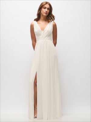 Sleeveless chiffon maxi dress in ivory, draped V-neck, front slit