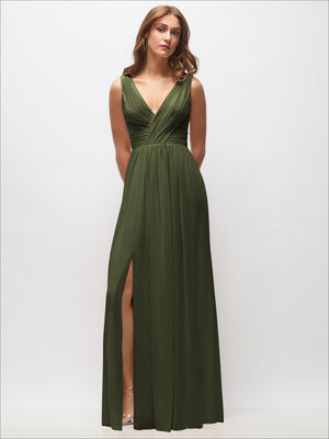 Olive green sleeveless maxi dress with draped V-neck bodice and front slit