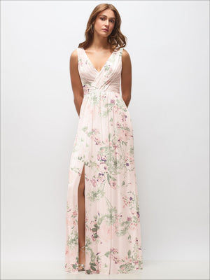Blush pink floral sleeveless draped chiffon maxi dress with V-neck and front slit