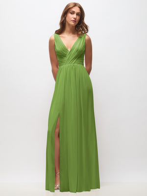 Green sleeveless draped chiffon maxi dress with front slit, V-neck