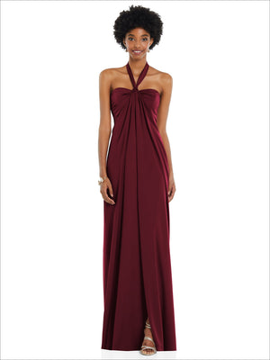 Dark burgundy draped satin column gown with halter neck and gathered knot detail