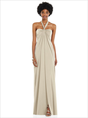 Ivory satin column gown, halter neckline with gathered bow and draped straps