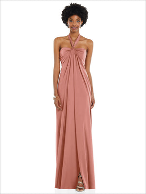 Rose pink draped satin Grecian column gown with halter tie and convertible straps