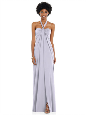 Draped satin Grecian column gown, halter neck with twisted straps, light lavender