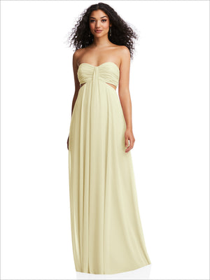 Light cream strapless empire waist maxi dress with draped bodice and long flowing skirt