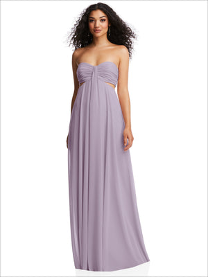 Lilac strapless maxi dress with underbust draped seam and empire waist, flowing skirt