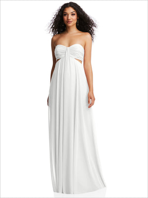 White strapless empire waist maxi dress with gathered sweetheart neckline and long pleated skirt