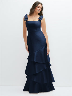Dark navy satin maxi dress with bow shoulders and asymmetrical tiered ruffles
