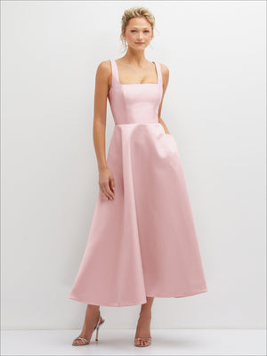 Soft pink satin midi dress with square neckline and full gathered skirt