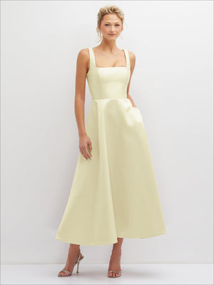 Light yellow satin midi dress with square neckline and full skirt, sleeveless front.